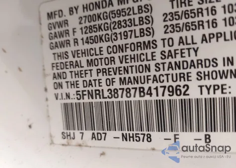 2007 Honda Odyssey Ex-L z USA, uszkodzony, nr VIN 5FNRL38787B417962